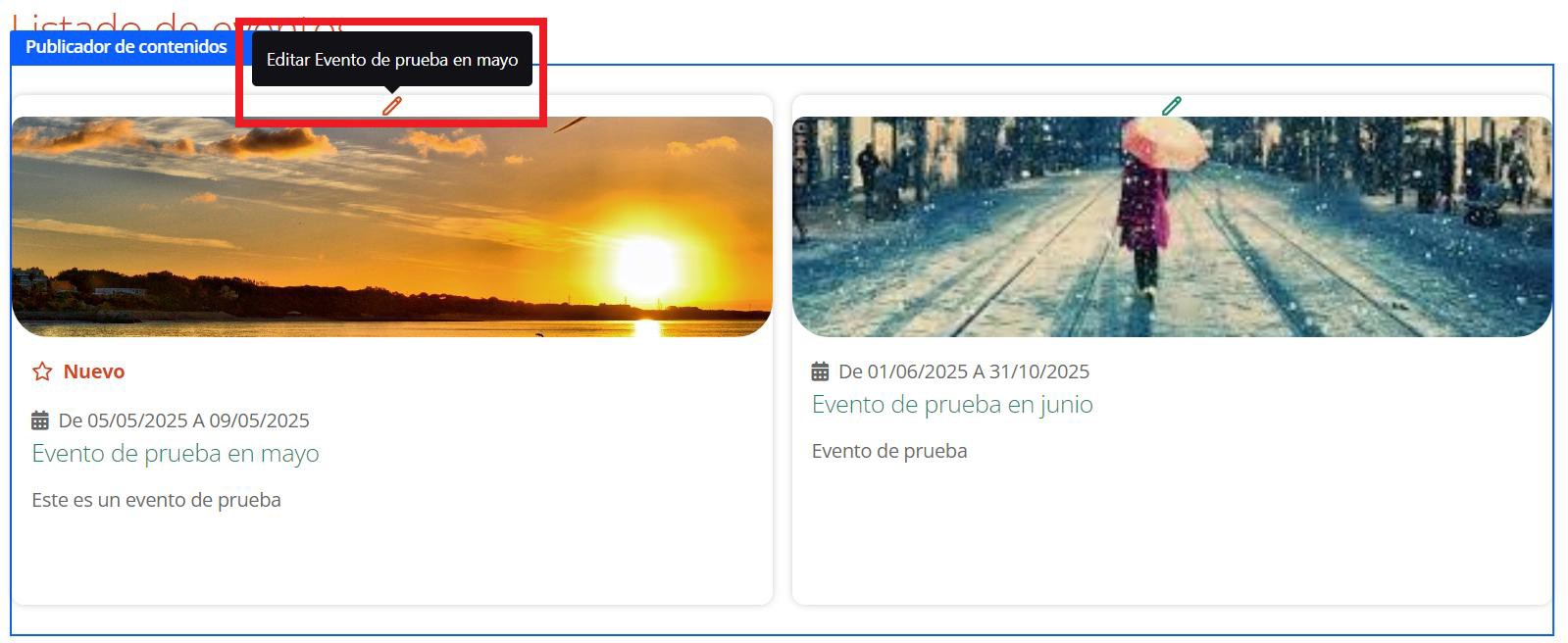 Pantalla de Calendario