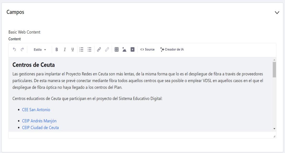 Pantalla de Contenidos web básicos