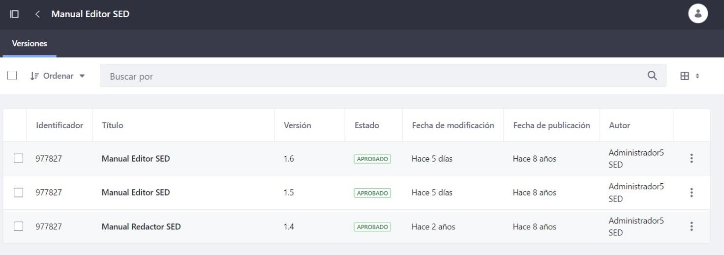 Pantalla de Histórico de versiones de contenidos web