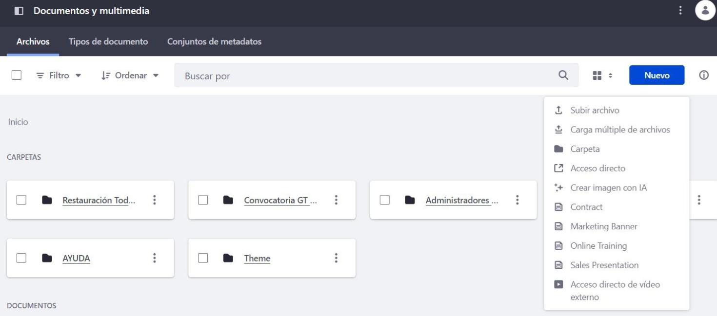 Opciones de creación en la biblioteca