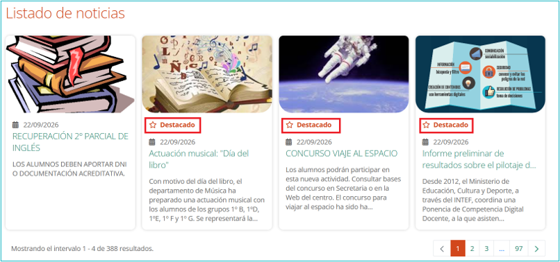 Página de Noticias con tres noticias destacadas en el listado