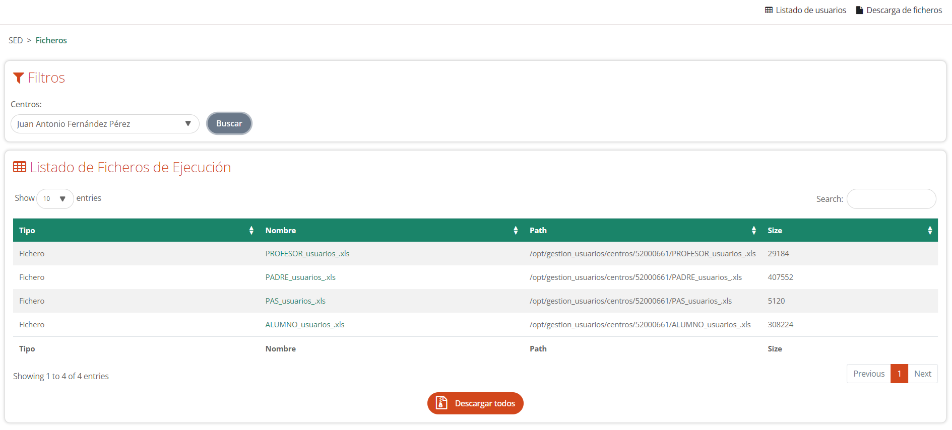 Listado de ficheros disponibles para descargar
